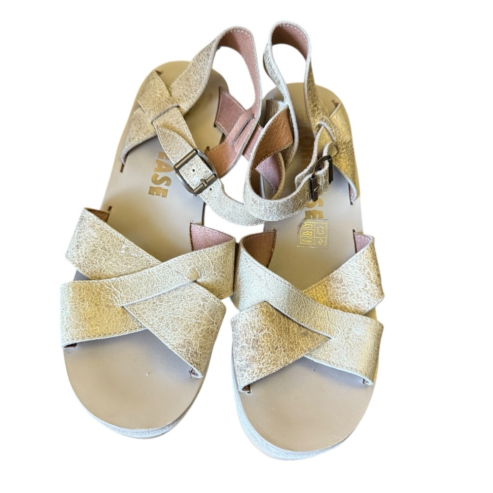 Kork-Ease Metallic Gold Cracked Leather Wedge Sandals